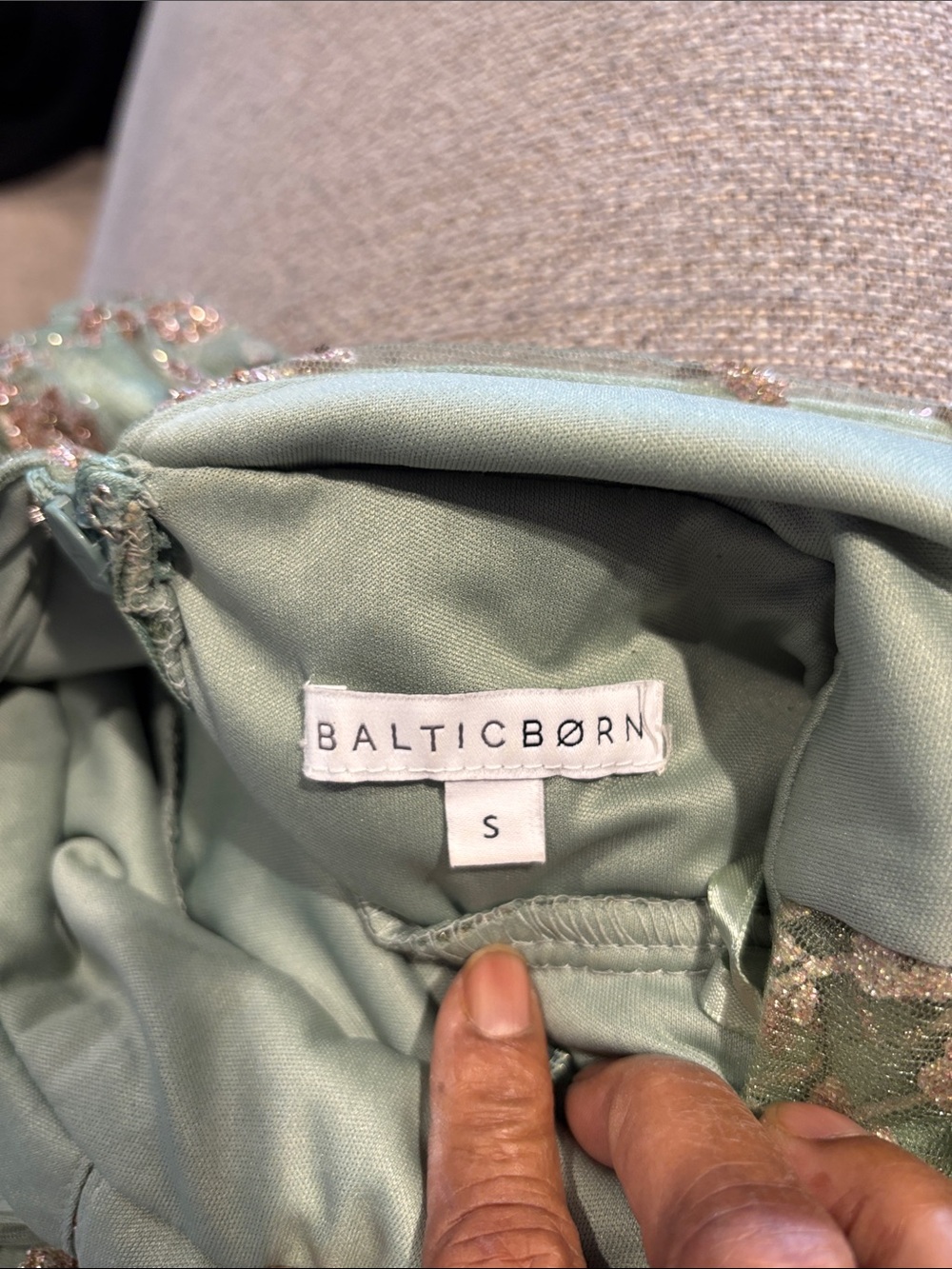 Baltic born Arden shimmer gown in sage+gold featuring a long V neckline - Picture 9 of 12